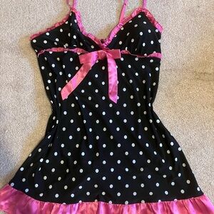 Black Polka Dot Slip Dress with Hot Pink Trim